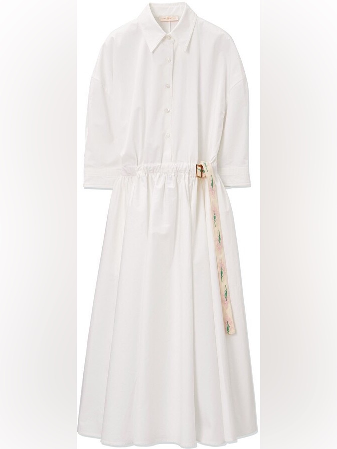 Tory Burch White Poplin Shirt Dress With Floral Belt